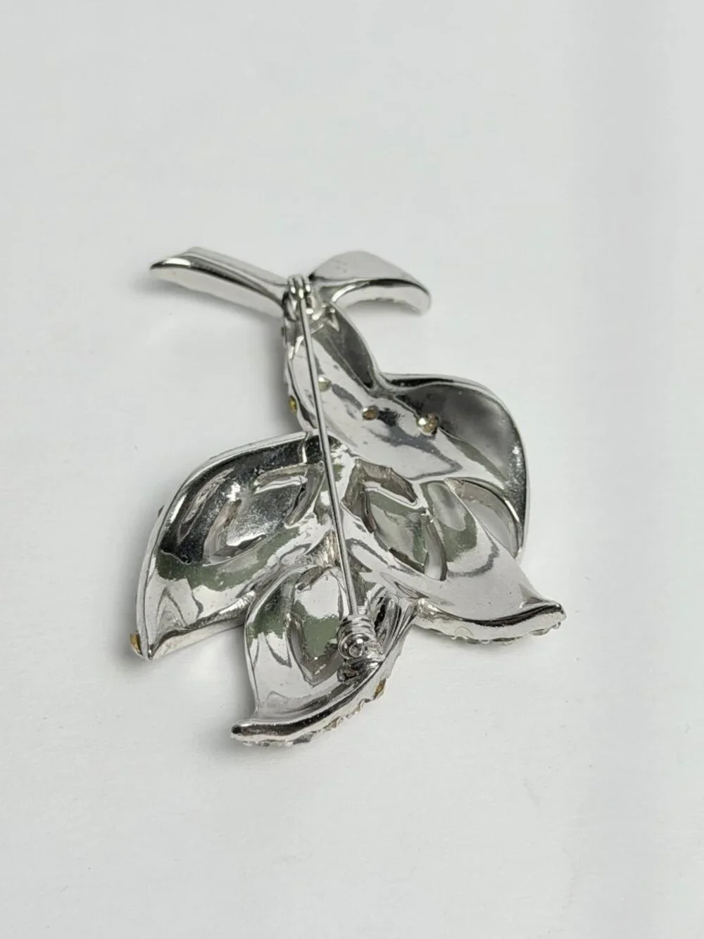 Vintage PELL Rhinestone Floral Spray Brooch 3in Silver Tone Baguette Marquise